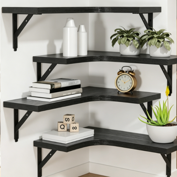 Corner Floating Shelves — Black Solid Wood 4-Piece Set