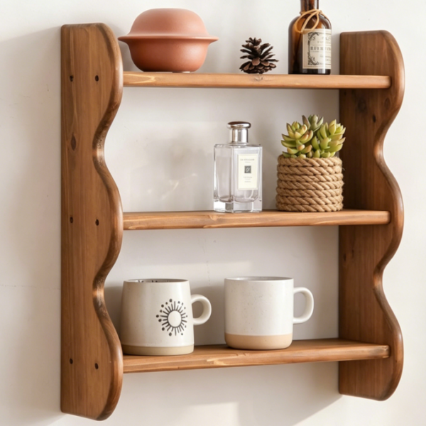 Three-Tier Floating Solid Wood Shelves — Rustic Style